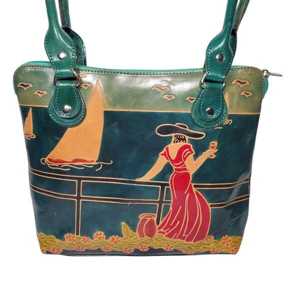 Art Scene Tooled Leather Purse Shoulder-Bag Woman Red Dress Yacht Beach Green - Picture 3 of 6